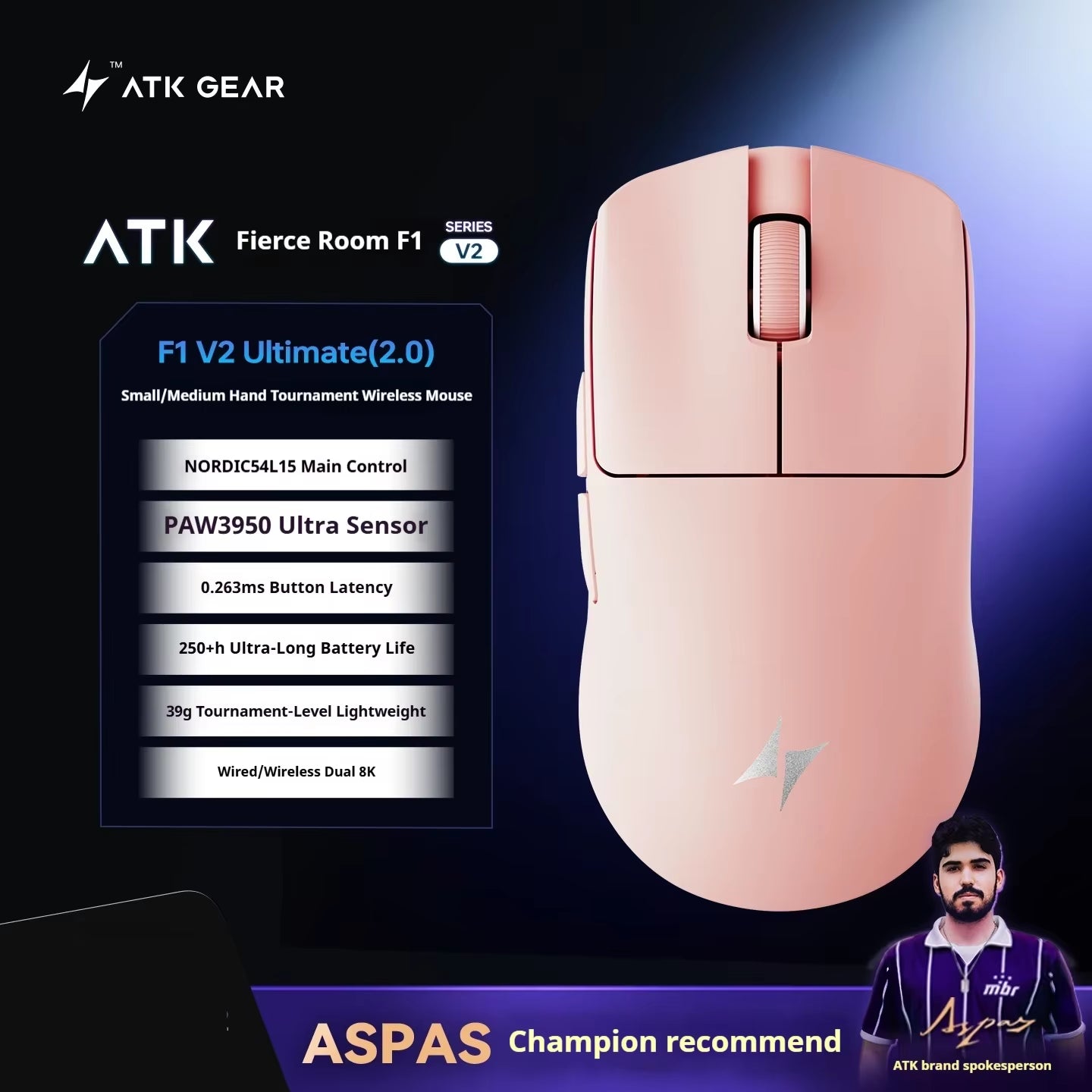 Atk F1 V2 Ultimate Mouse 38G Lightweight Dual-Mode Wireless 8K Gamer Mouse Low Latency Paw3950Utrla Ergonomics Gaming Accessorie
