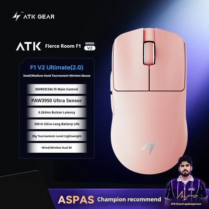Atk F1 V2 Ultimate Mouse 38G Lightweight Dual-Mode Wireless 8K Gamer Mouse Low Latency Paw3950Utrla Ergonomics Gaming Accessorie
