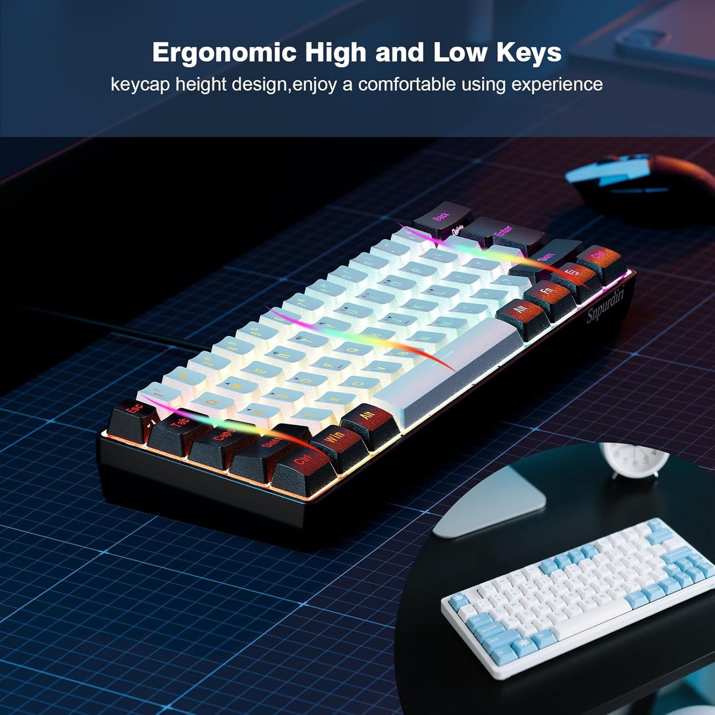 60% Wired Gaming Keyboard, 61 Keys RGB Backlit Ultra-Compact Small Gaming Keyboard, for Pc/Mac Gamer, Typist, Travel, Easy to Carry on Business Trip(Black-White)