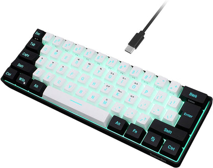 60% Wired Gaming Keyboard, 61 Keys RGB Backlit Ultra-Compact Small Gaming Keyboard, for Pc/Mac Gamer, Typist, Travel, Easy to Carry on Business Trip(Black-White)