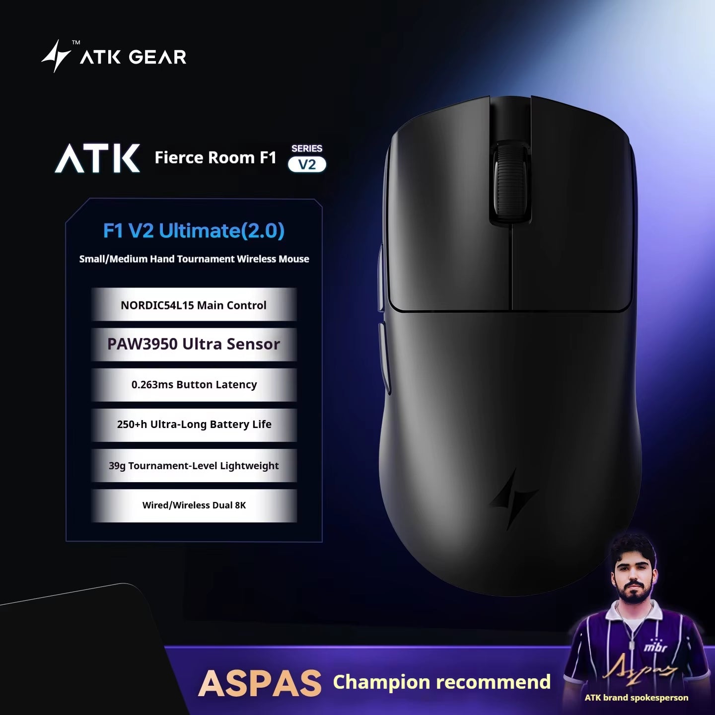 Atk F1 V2 Ultimate Mouse 38G Lightweight Dual-Mode Wireless 8K Gamer Mouse Low Latency Paw3950Utrla Ergonomics Gaming Accessorie