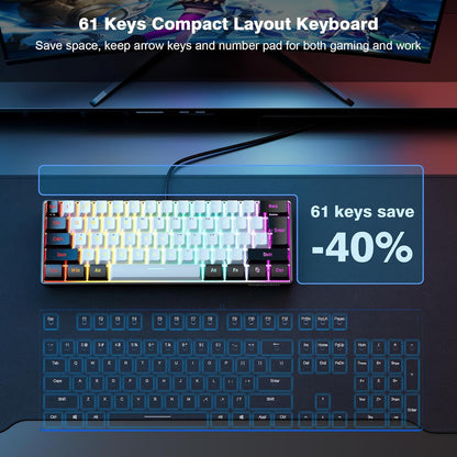 60% Wired Gaming Keyboard, 61 Keys RGB Backlit Ultra-Compact Small Gaming Keyboard, for Pc/Mac Gamer, Typist, Travel, Easy to Carry on Business Trip(Black-White)