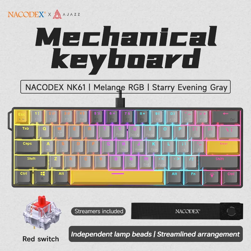 NK61 Wired Gaming Mechanical Keyboard 60% RGB Hot-Swappable 61 Keys Red Switch Mini Keyboard for Gamer PC