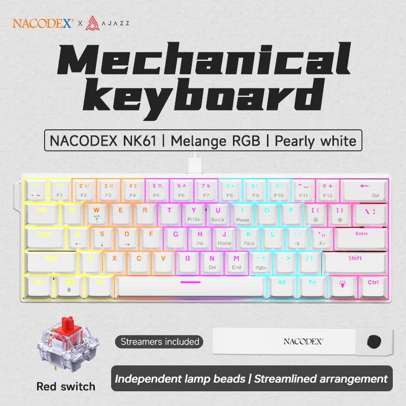 NK61 Wired Gaming Mechanical Keyboard 60% RGB Hot-Swappable 61 Keys Red Switch Mini Keyboard for Gamer PC