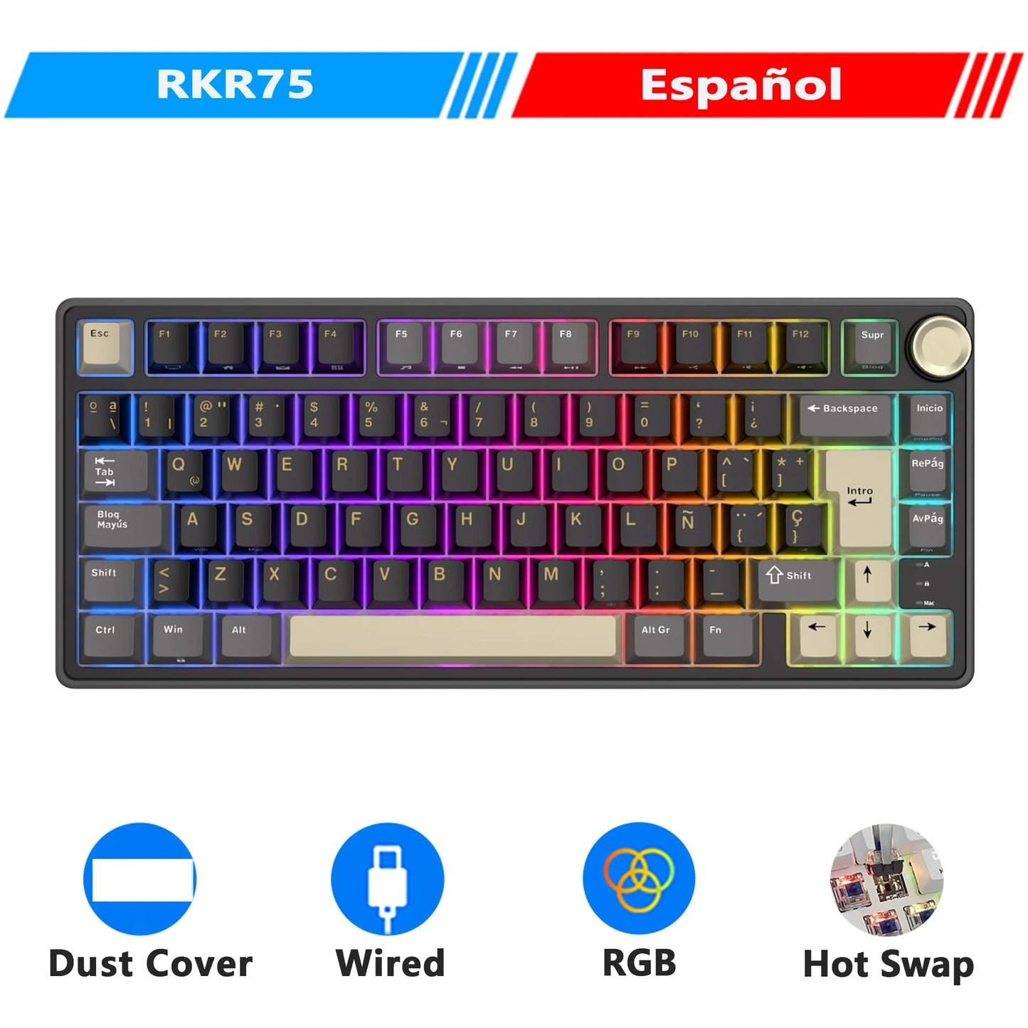 Royal Kludge R75 Gasket Wired Mechanical Keyboard 80 Keys RGB Backlit Hot-Swappable Spanish Gamer Keyboard MDA PBT Keycaps