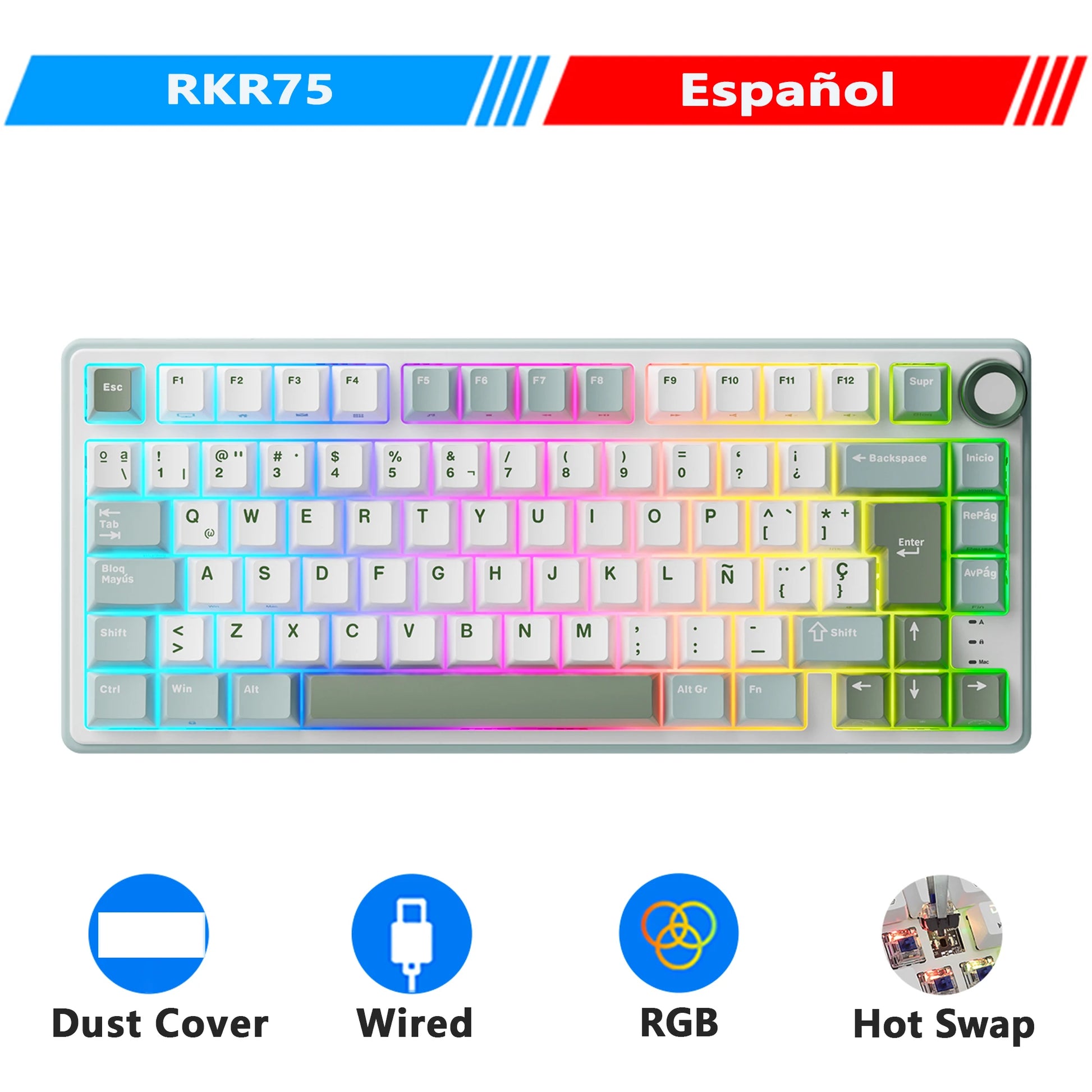 Royal Kludge R75 Gasket Wired Mechanical Keyboard 80 Keys RGB Backlit Hot-Swappable Spanish Gamer Keyboard MDA PBT Keycaps