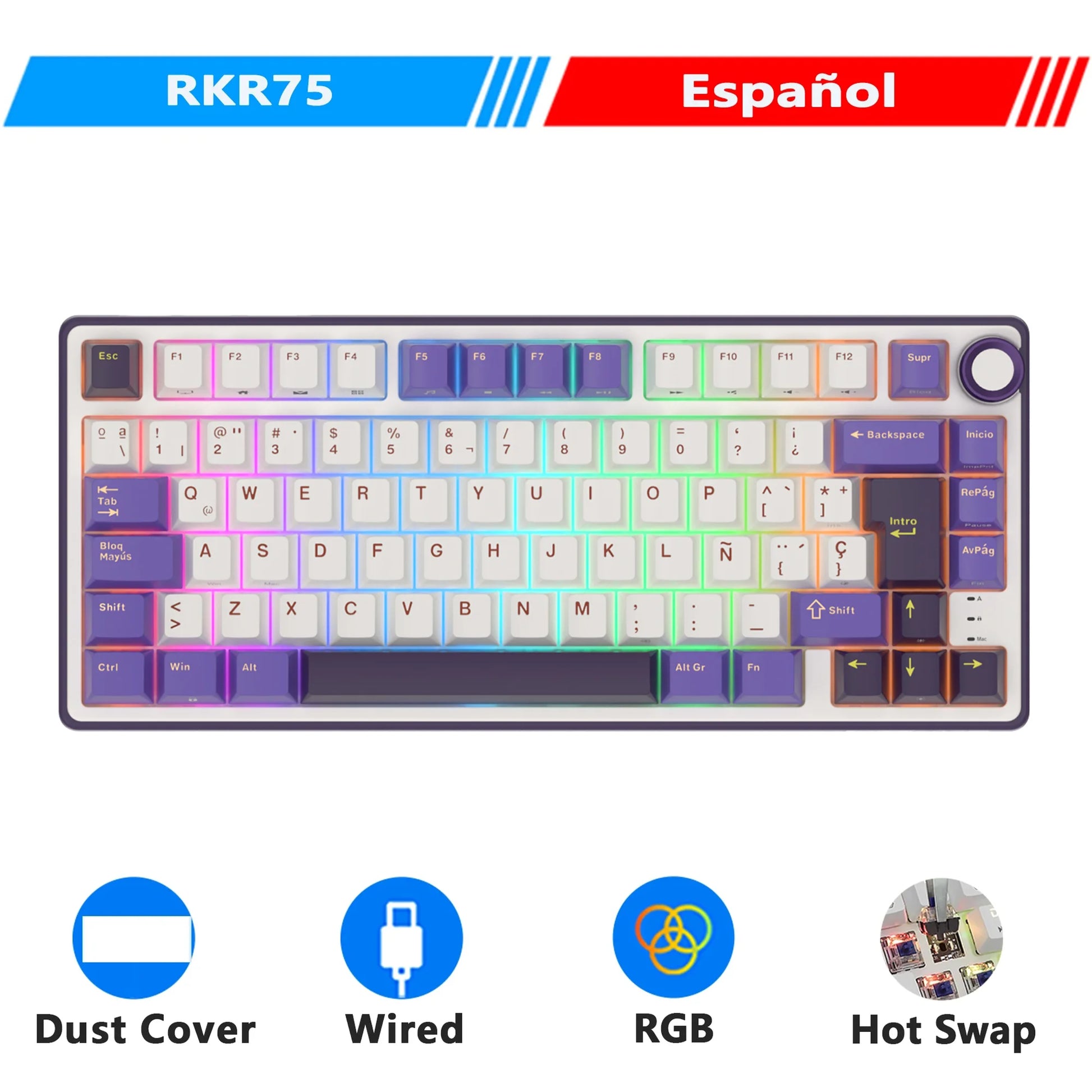 Royal Kludge R75 Gasket Wired Mechanical Keyboard 80 Keys RGB Backlit Hot-Swappable Spanish Gamer Keyboard MDA PBT Keycaps