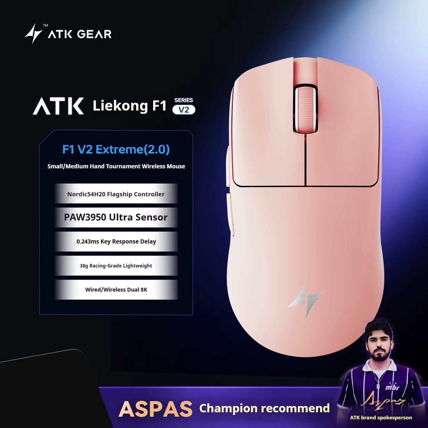 Atk F1 V2 Ultimate Mouse 38G Lightweight Dual-Mode Wireless 8K Gamer Mouse Low Latency Paw3950Utrla Ergonomics Gaming Accessorie