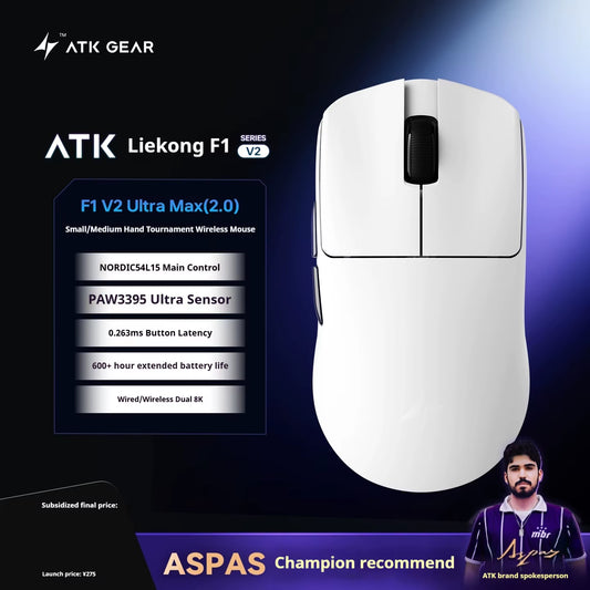 Atk F1 V2 Ultimate Mouse 38G Lightweight Dual-Mode Wireless 8K Gamer Mouse Low Latency Paw3950Utrla Ergonomics Gaming Accessorie