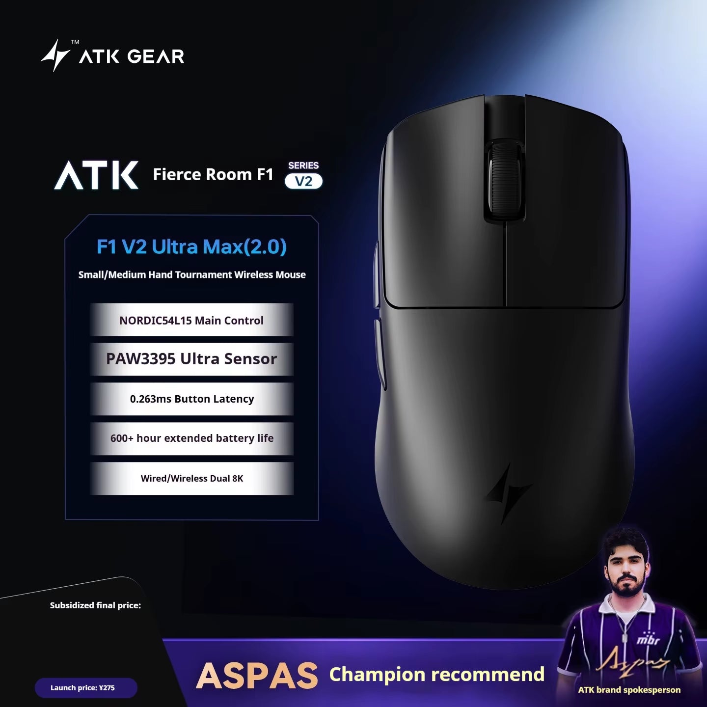 Atk F1 V2 Ultimate Mouse 38G Lightweight Dual-Mode Wireless 8K Gamer Mouse Low Latency Paw3950Utrla Ergonomics Gaming Accessorie
